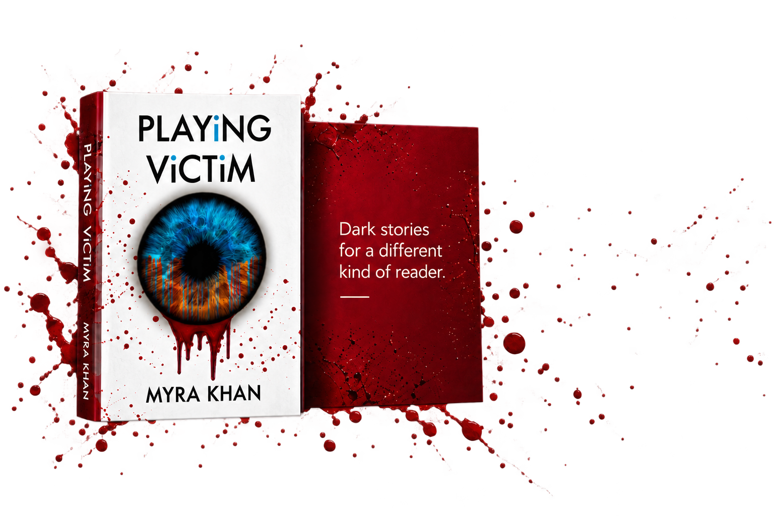 Playing Victim book beside a red panel reading Dark stories for a different kind of reader