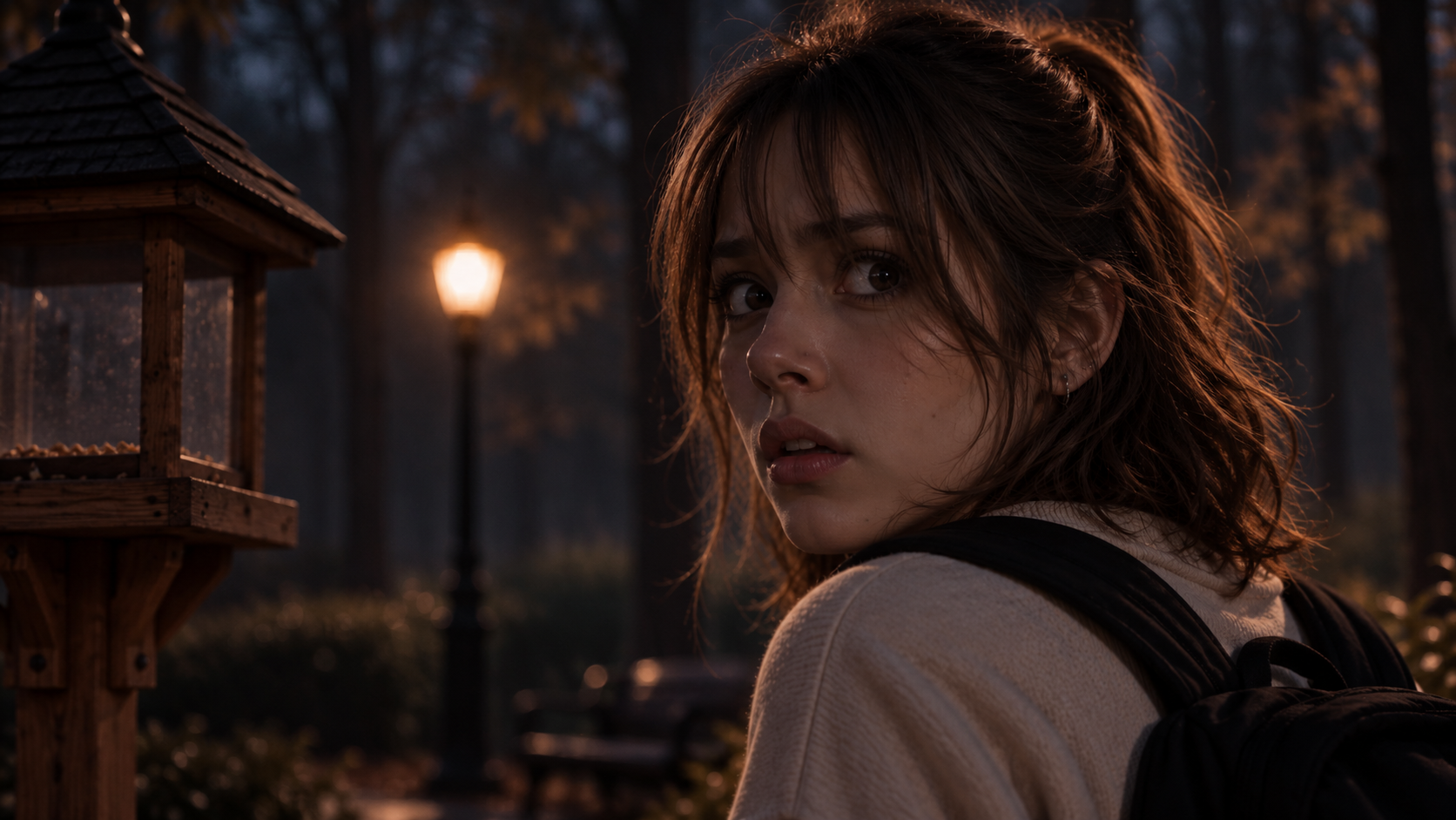 A young woman looking over her shoulder beside a lantern in a dark wooded park