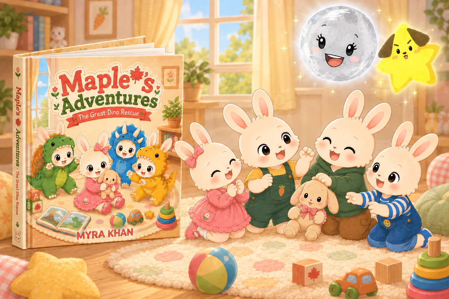 Maple's Adventures book beside rabbit characters playing while the Moon and Sirius look down