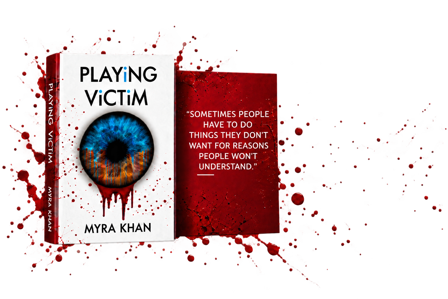 Playing Victim book with red splatter and a panel displaying a story quote